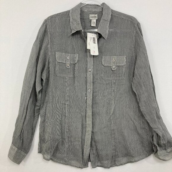 New Chico's sz Large/2 Black White Striped Cotton Silk Blend Button Down Preppy - Picture 1 of 11
